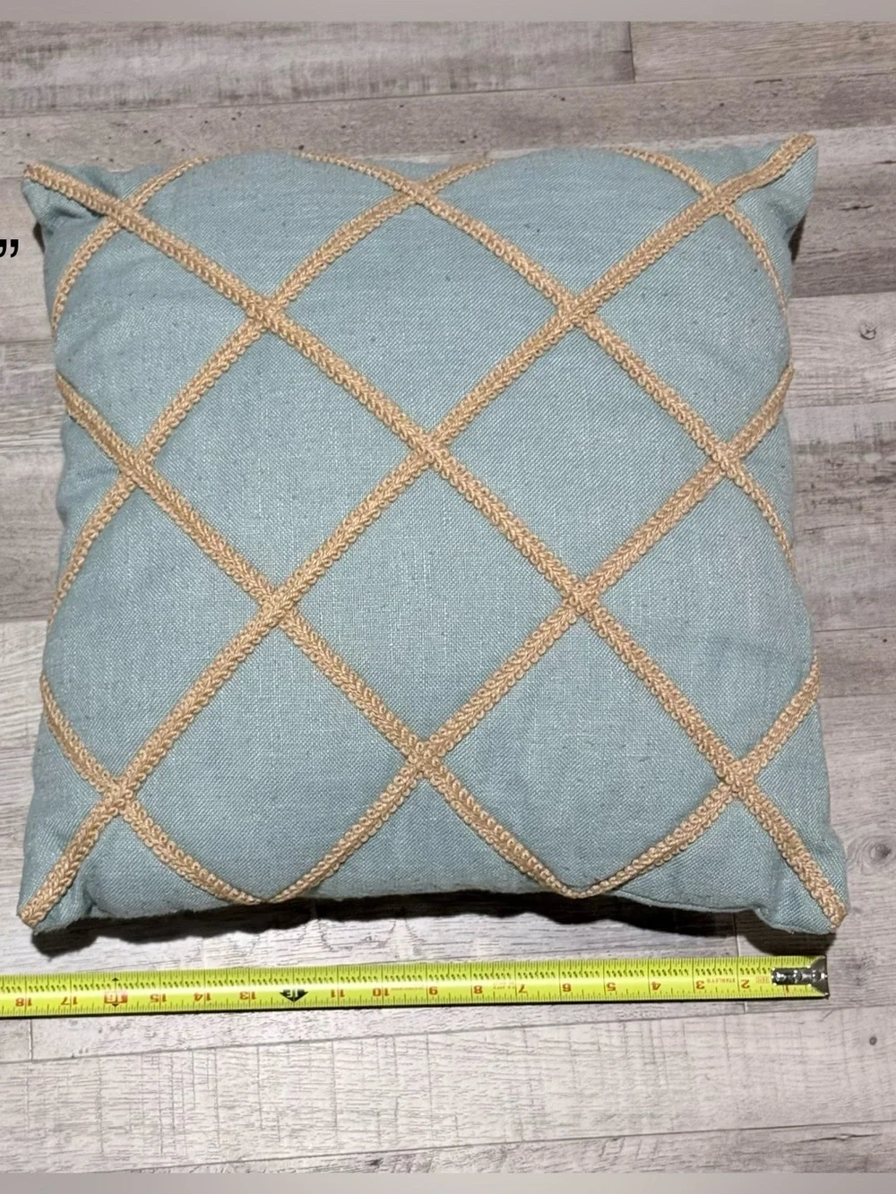 Decorative Light Blue Toss Pillow with Tan Lattice Trim